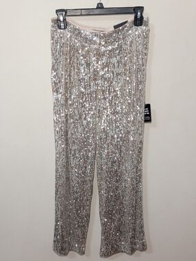 Express Silver Sequin Wide-Leg Pants Cropped High Rise NEW Women's Size XS
